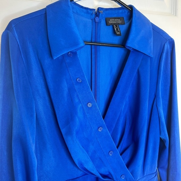 ADRIANNA PAPELL faux SATIN WRAP DRESS WITH LONG SLEEVES dark blue size 8 NWT - Picture 4 of 16